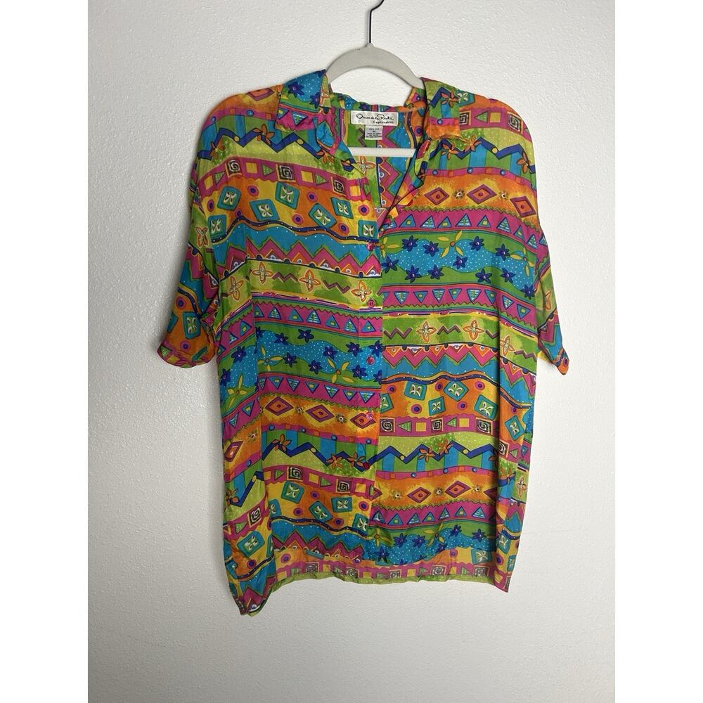 Women’s Vintage Oscar De la Renta 100% Silk Art Deco Geometric Button Down Sz M